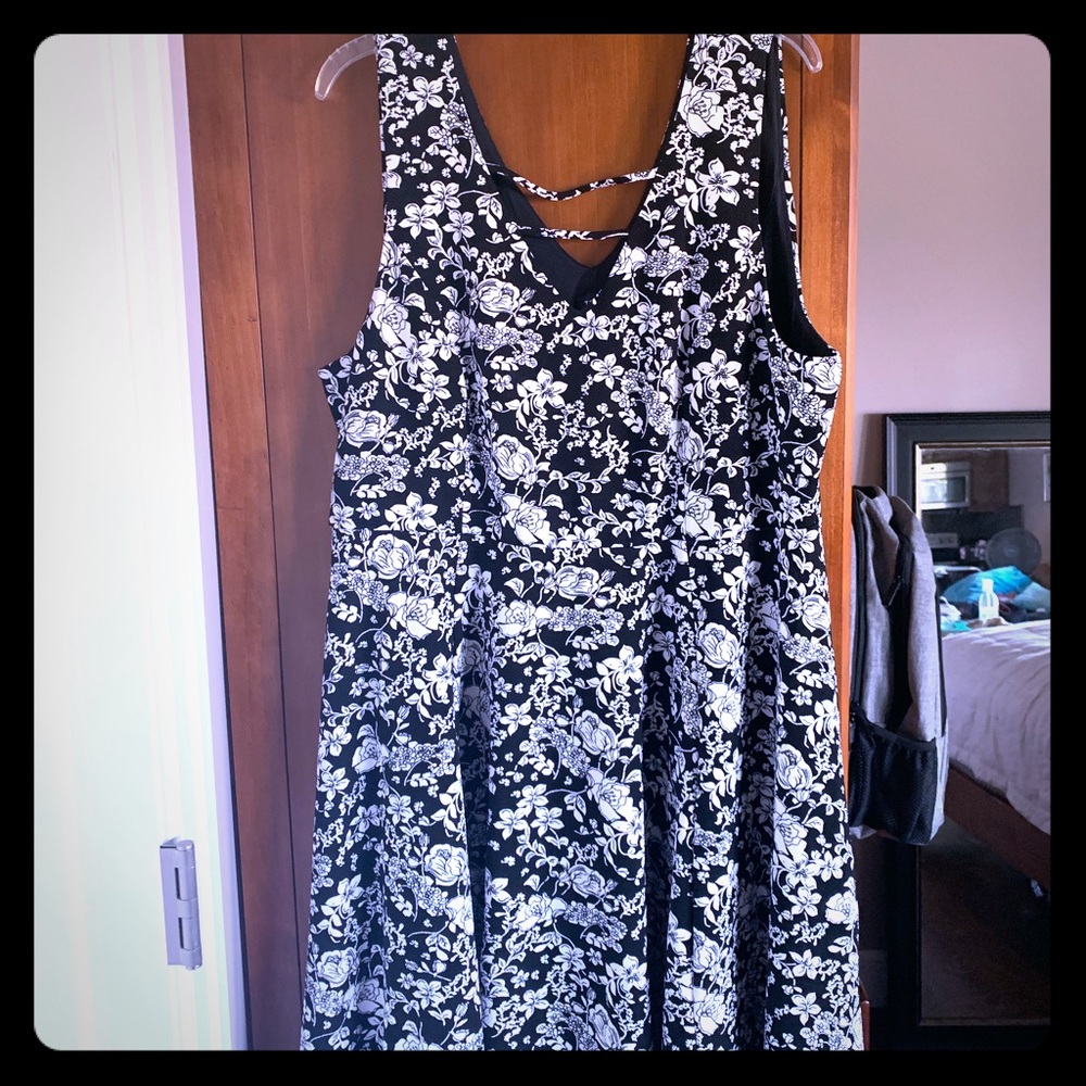 Black with white floral print mid-length dress
